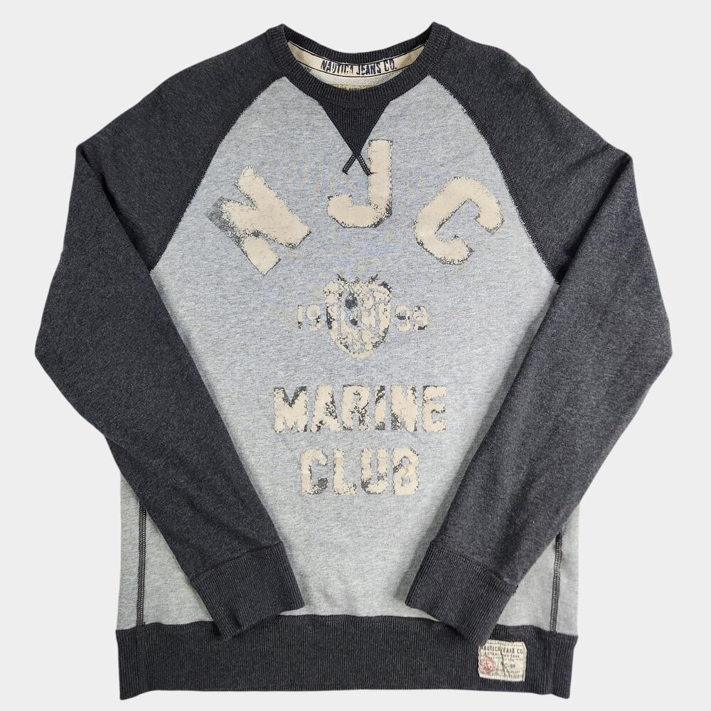 Y2K Nautica Jeans Raglan Crewneck Mens Medium Gray 1999 Marine Club Faded